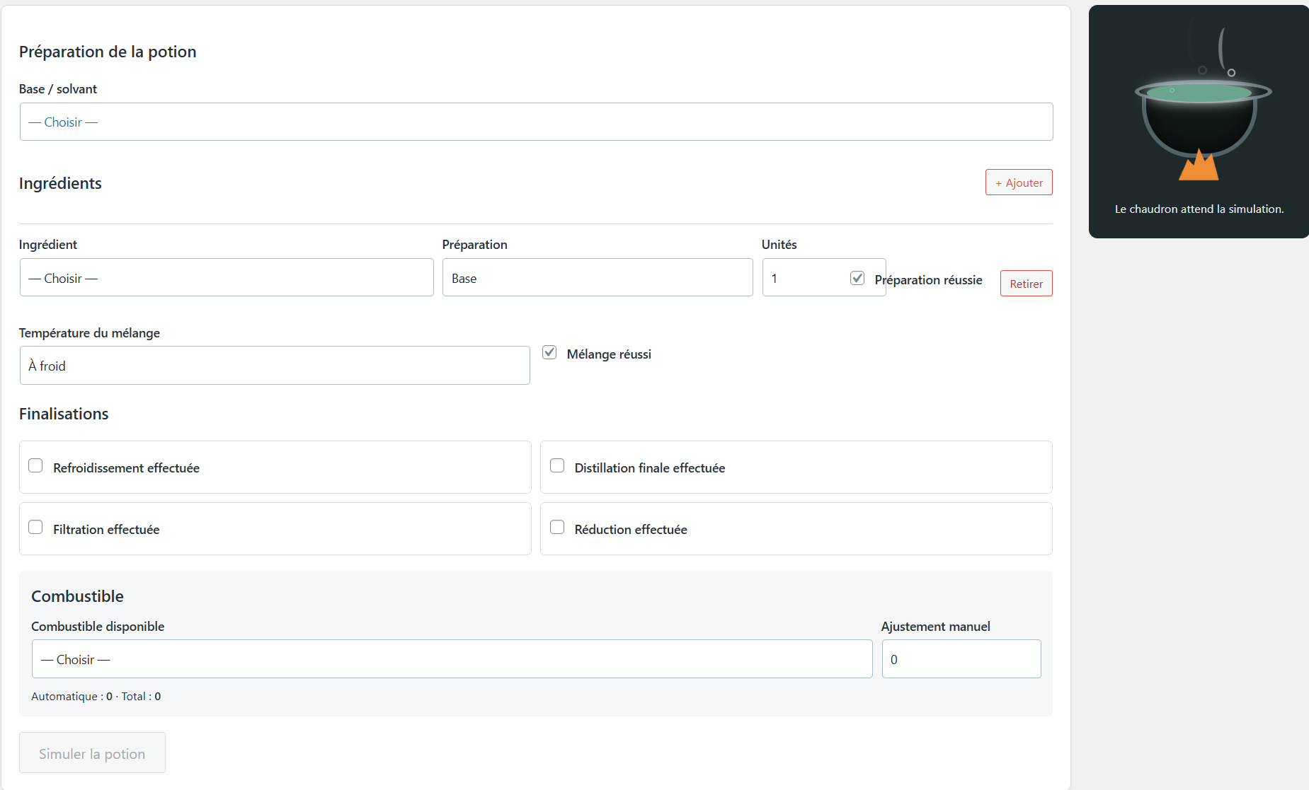 Alchimie simulator with base, ingredient, preparation and finishing fields.