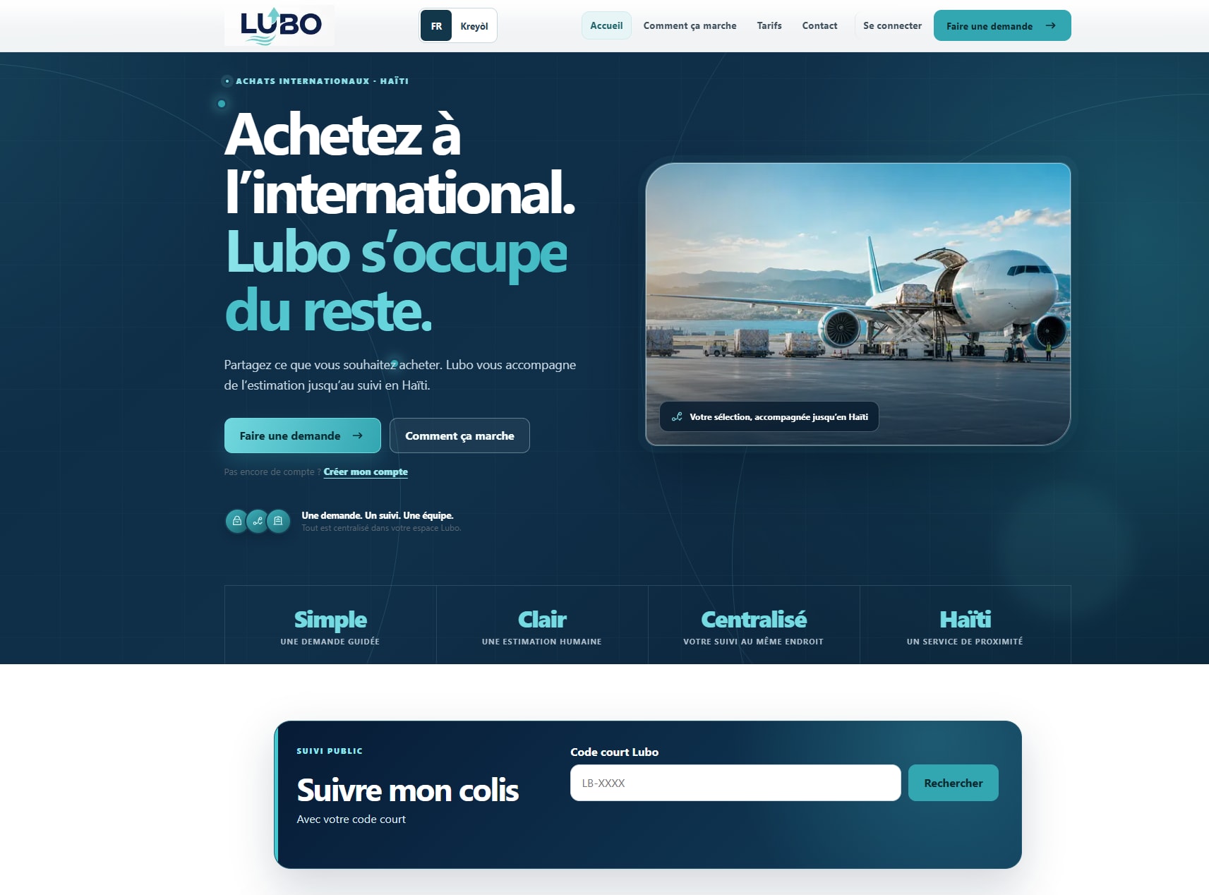 Lubo-startpagina met internationale aankopen voor Haïti en het zoeken van pakketten.
