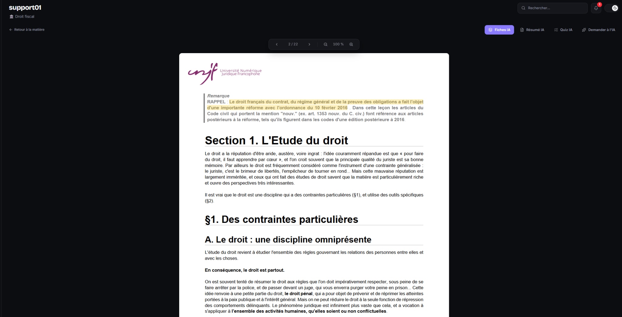 Studolio course reader showing a document and a completed highlighted annotation.