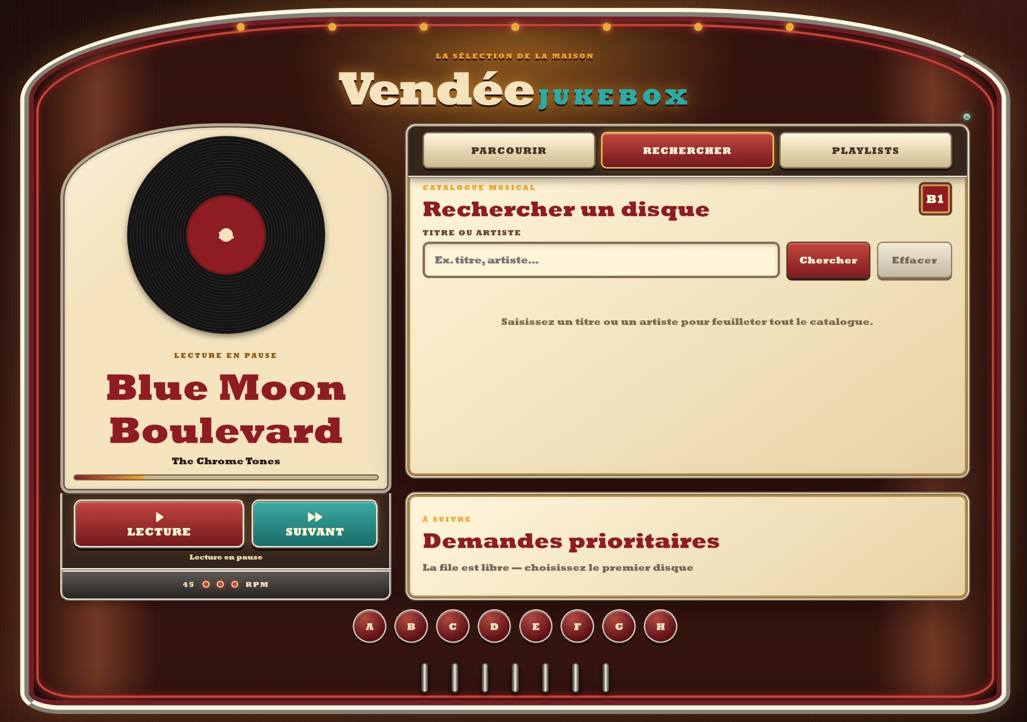 Vendée Jukebox search screen with a title or artist input.